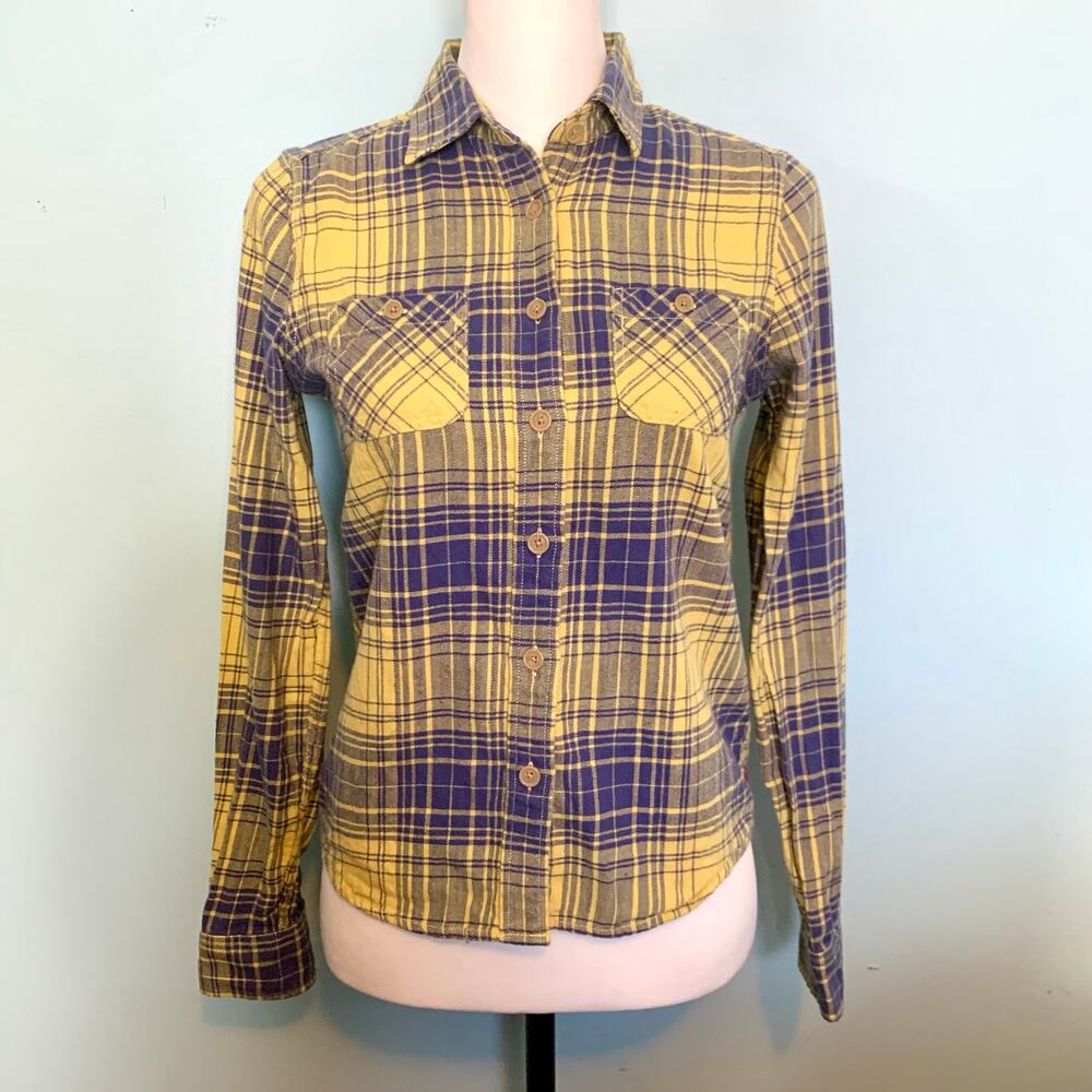 American Eagle Outfitters Yellow and Blue Plaid Flannel Button Down Size 4 - Picture 6 of 8